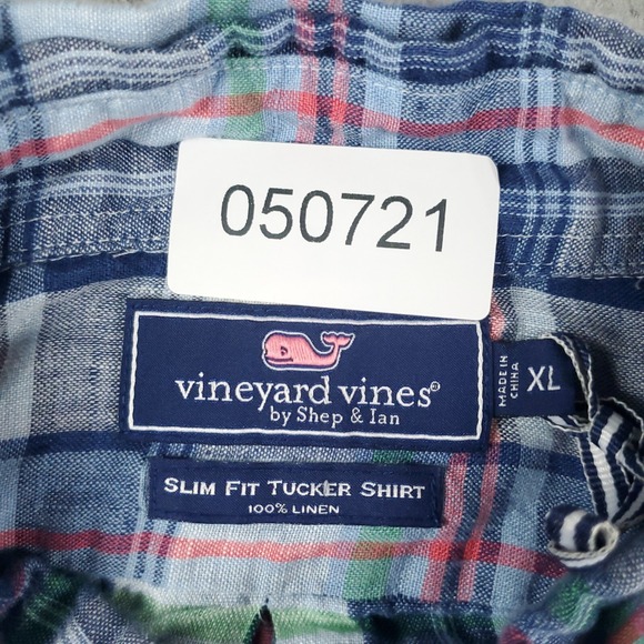 Vineyard Vines Shirt Mens XL Blue Plaid Linen Slim Fit Button Up Long Sleeve - Picture 7 of 7